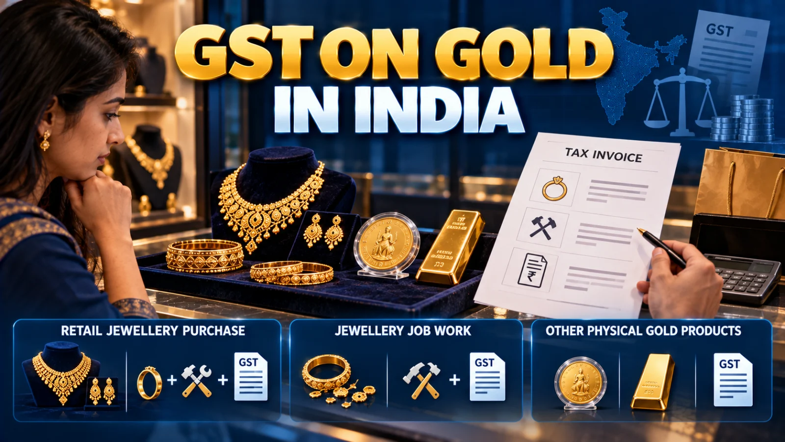 Indian gold buyer reviewing jewellery, gold coins, bars and a GST invoice with making charges