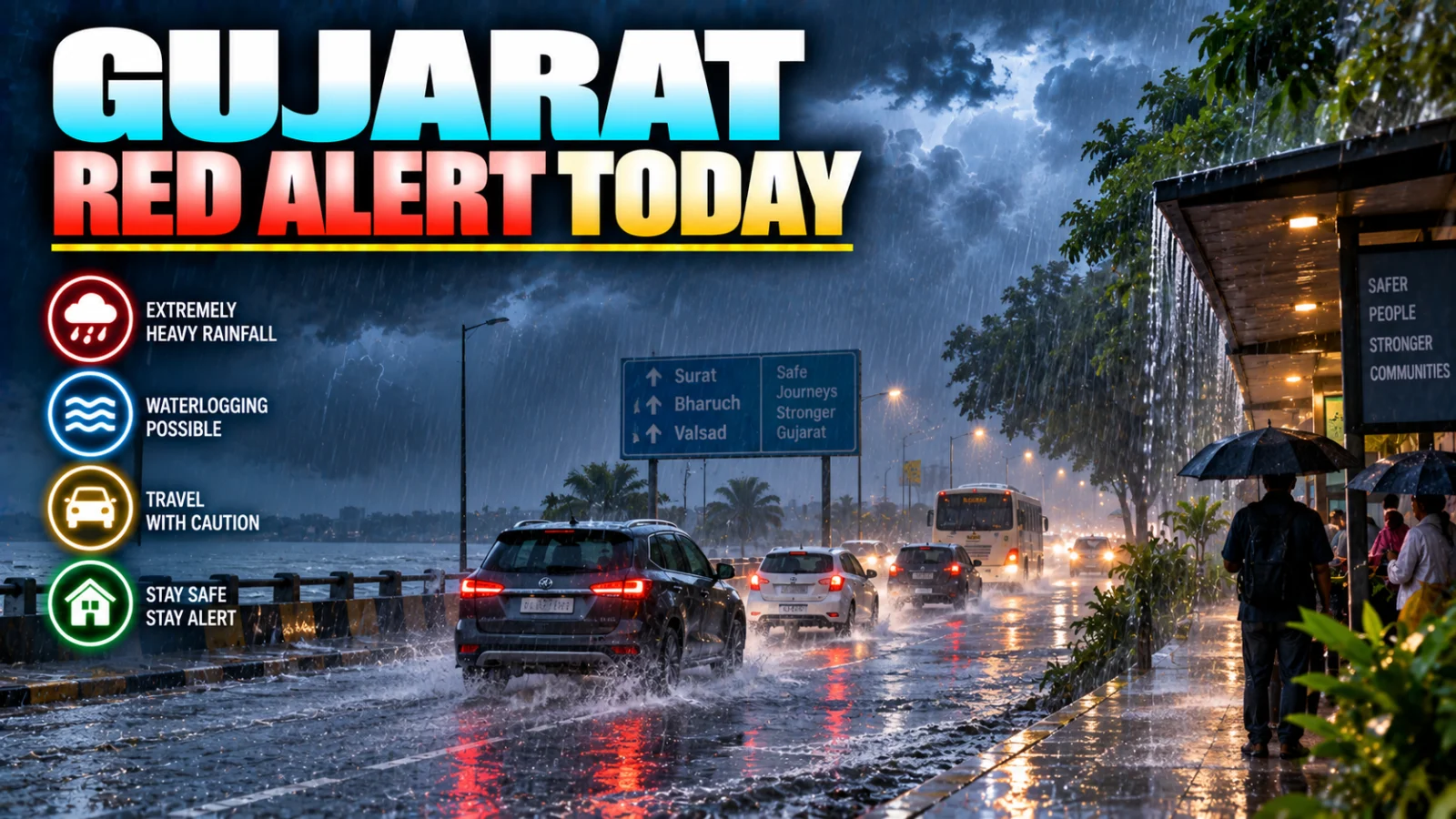 Heavy rain and waterlogged road conditions in South Gujarat during a red weather warning
