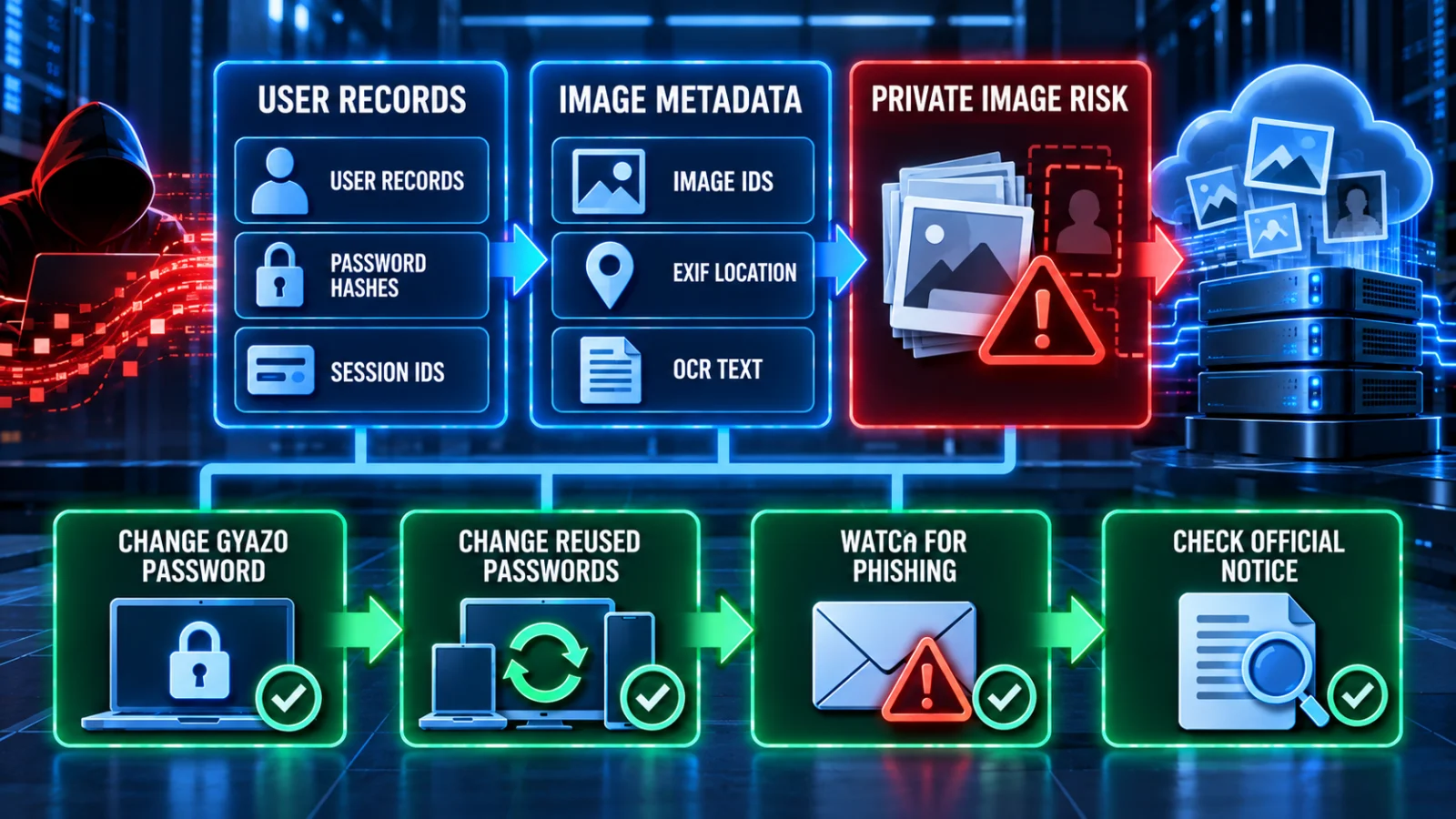 Infographic mapping Gyazo breach data types to user actions for passwords, metadata and private-image risk