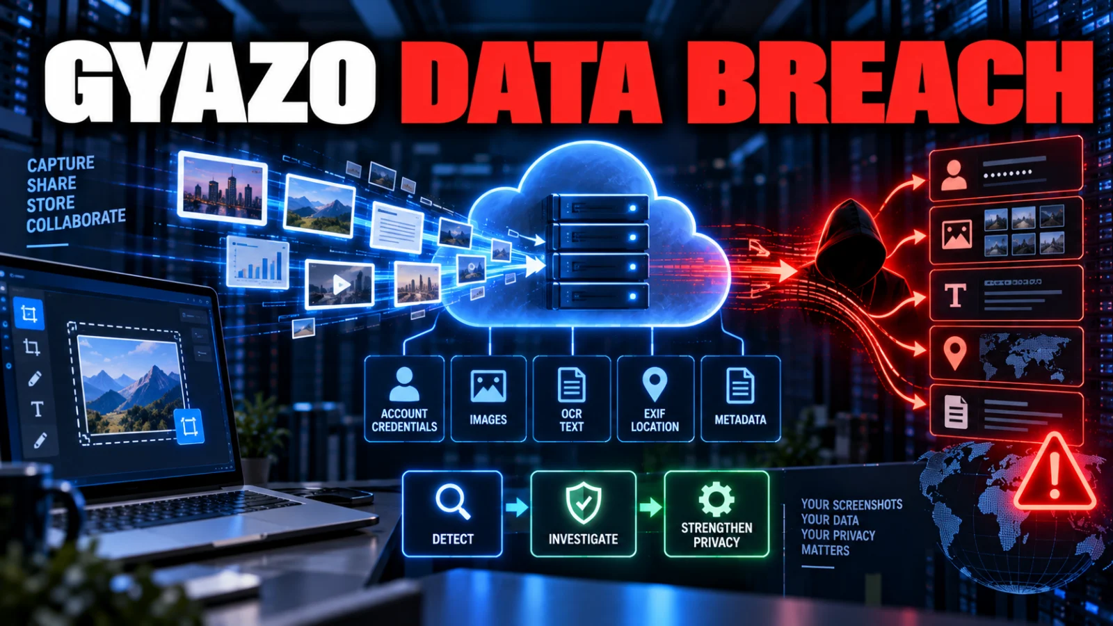 Editorial cybersecurity illustration of account records and image metadata exposed in the Gyazo data breach