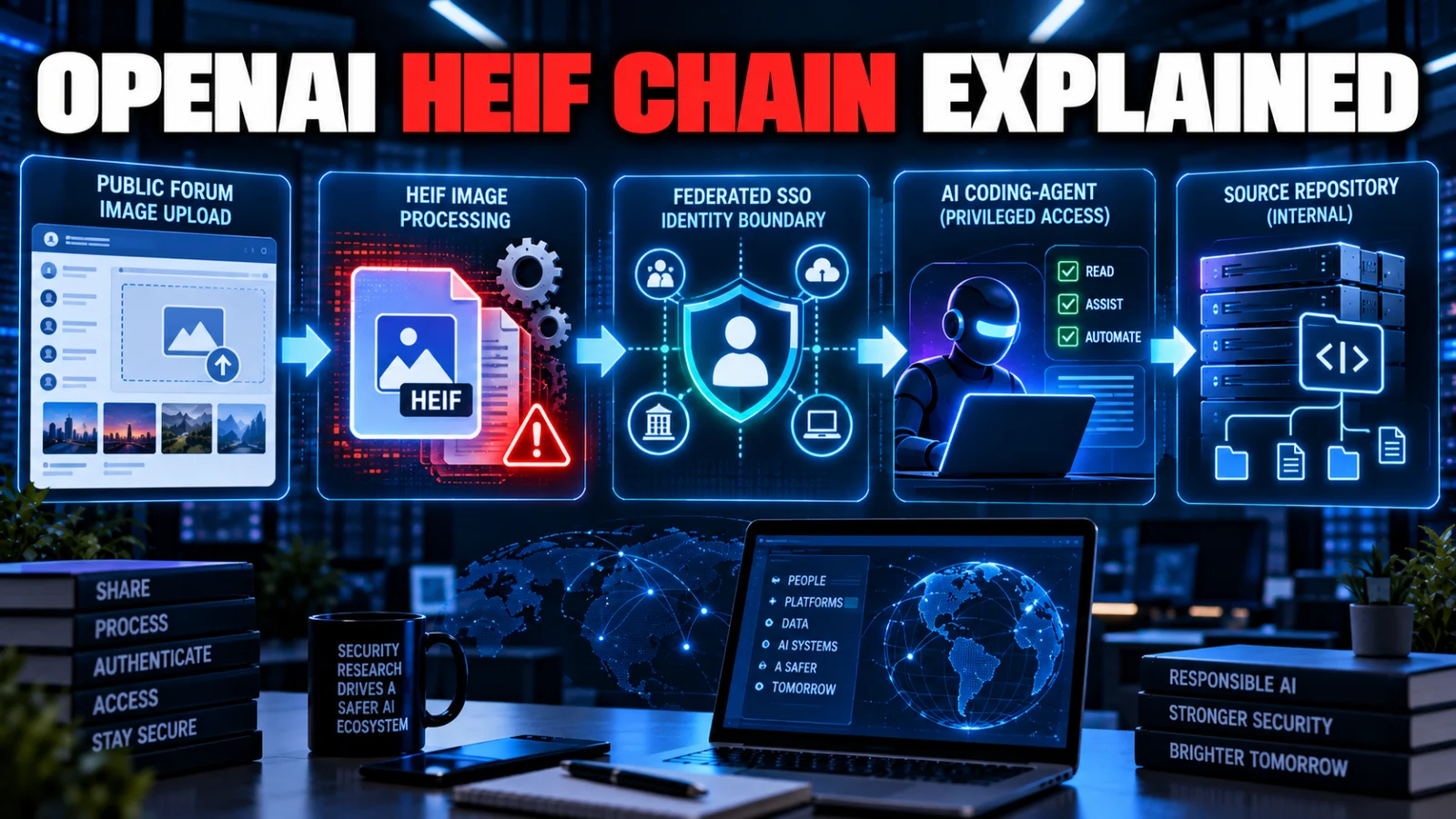 Editorial cybersecurity illustration of a forum HEIF flaw, SSO trust boundary and AI coding-agent repository connection