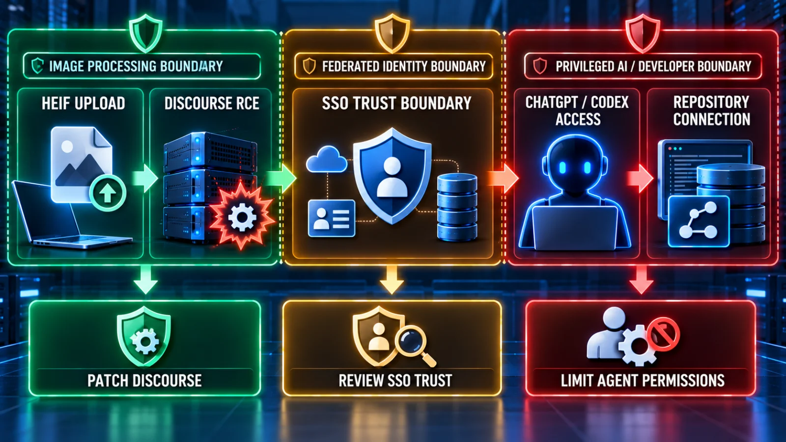 Infographic showing the security chain from HEIF upload through Discourse and SSO to an AI coding agent and repository