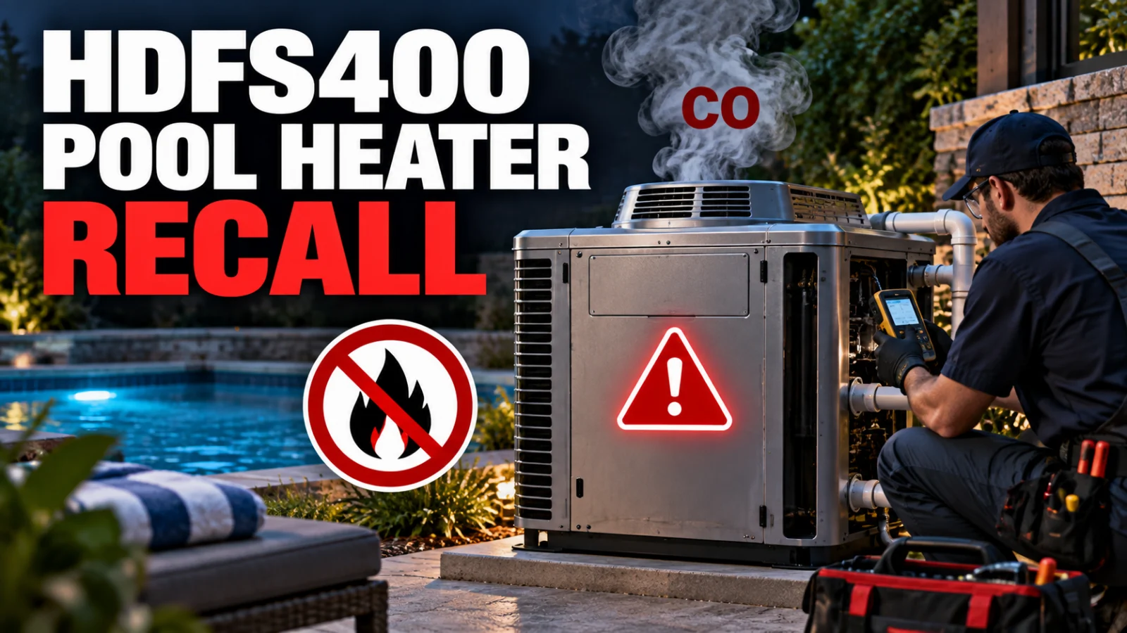 Editorial illustration of a recalled gas pool heater with carbon-monoxide warning and repair cues