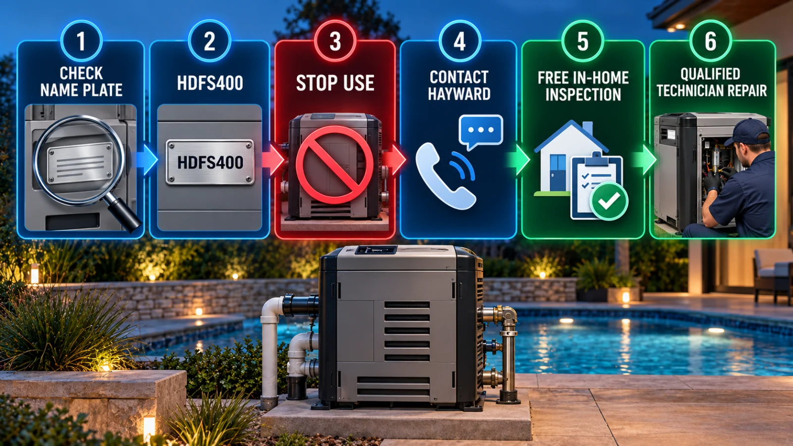Hayward HDFS400 pool heater recall verification and repair workflow
