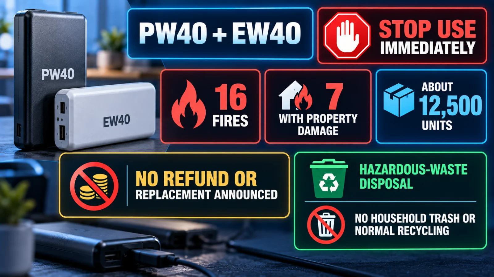 Infographic showing affected Hererod PW40 and EW40 models, fire reports and safe disposal instructions