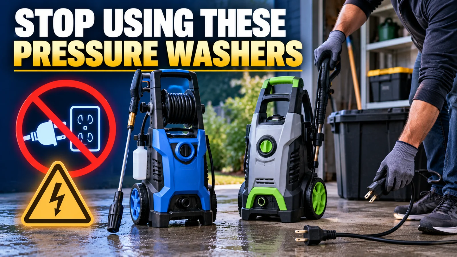 Electric pressure washers with an unplugged power cord illustrating the HOTFINE and Le Hao safety warning
