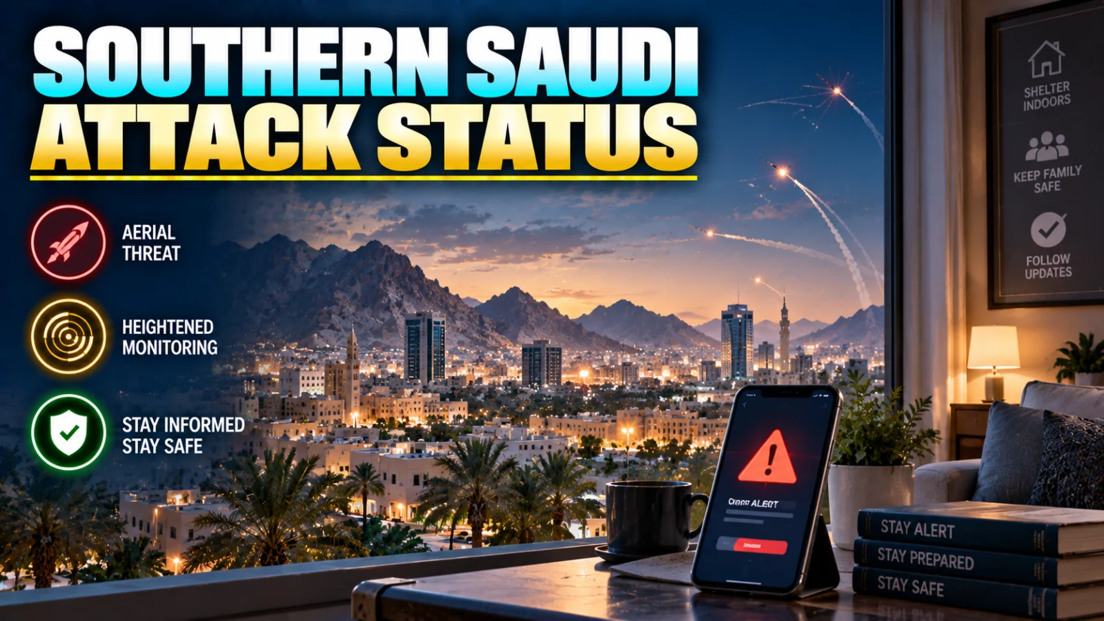Editorial illustration of southern Saudi emergency alerts and renewed cross-border attacks
