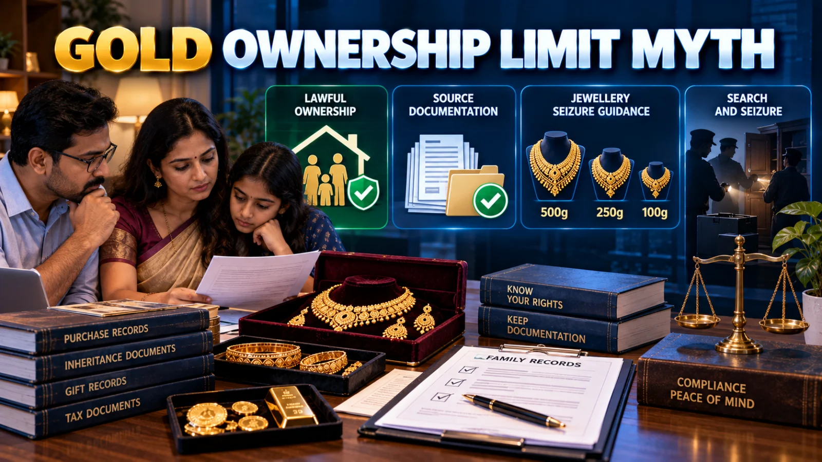 Indian household reviewing gold jewellery, family records and tax documents about gold ownership and seizure rules