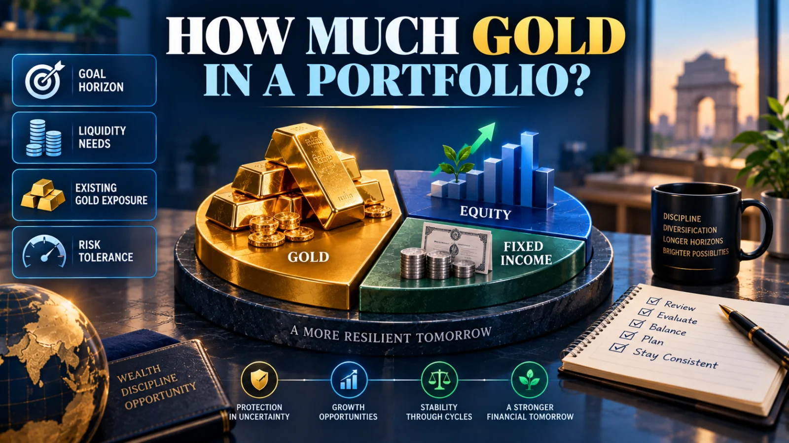 Diversified investment portfolio with gold, equities and fixed income being evaluated for an appropriate gold allocation