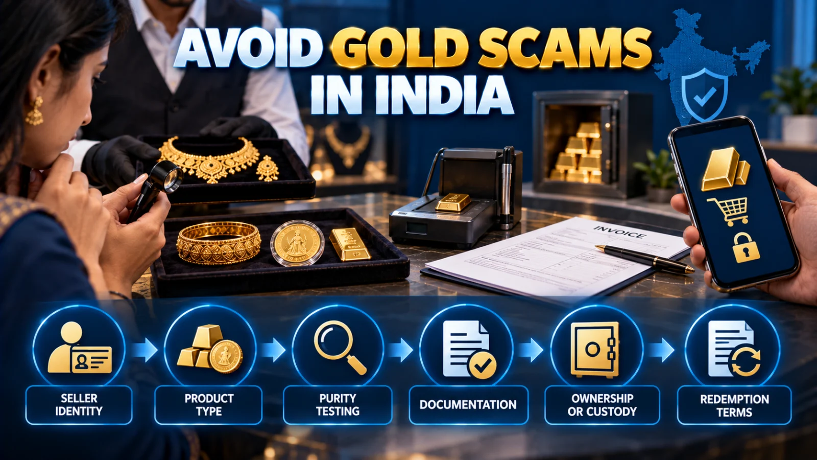 Indian gold buyer checking jewellery, an invoice and digital-gold terms before making a payment