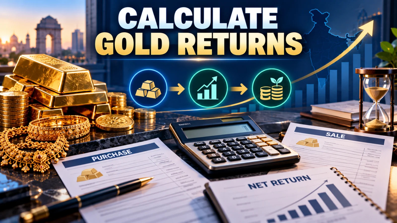 Gold investment records, calculator and physical gold illustrating the calculation of net and inflation-adjusted returns