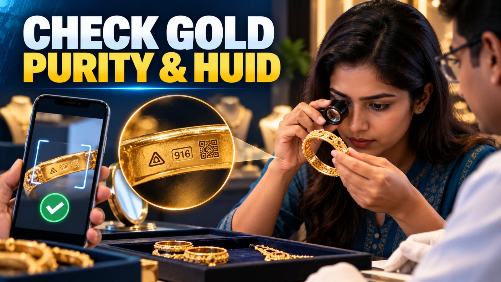 Indian gold jewellery buyer examining hallmark and HUID details before purchase