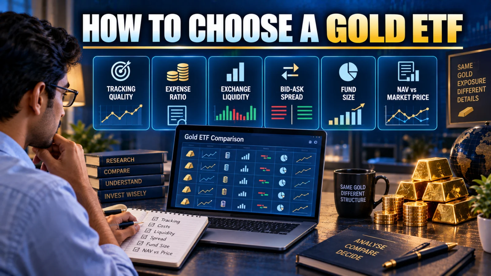 Investor comparing Gold ETF tracking, costs and exchange trading metrics before selecting a fund