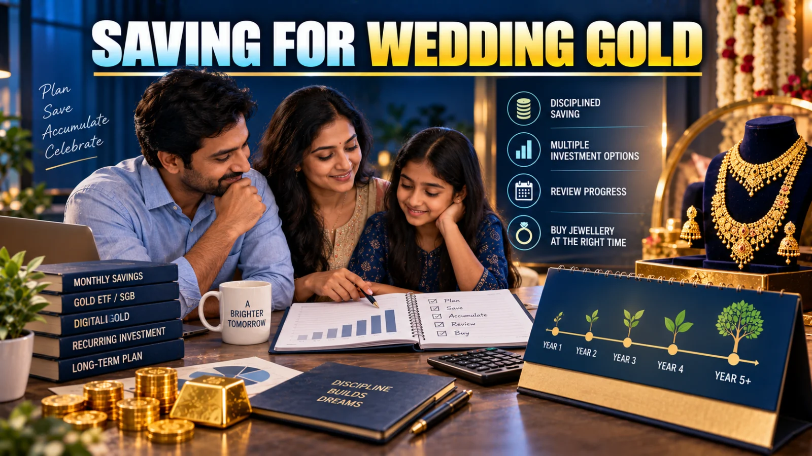Indian family planning future wedding gold using investment documents, gold coins and jewellery while spreading purchases over time