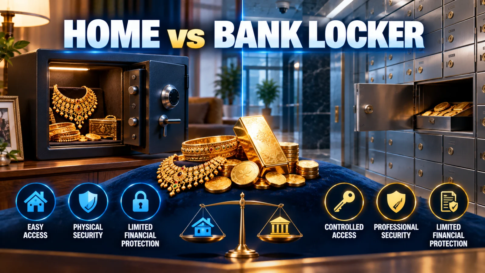 Indian gold jewellery, coins and bars shown between secure home storage and a bank locker