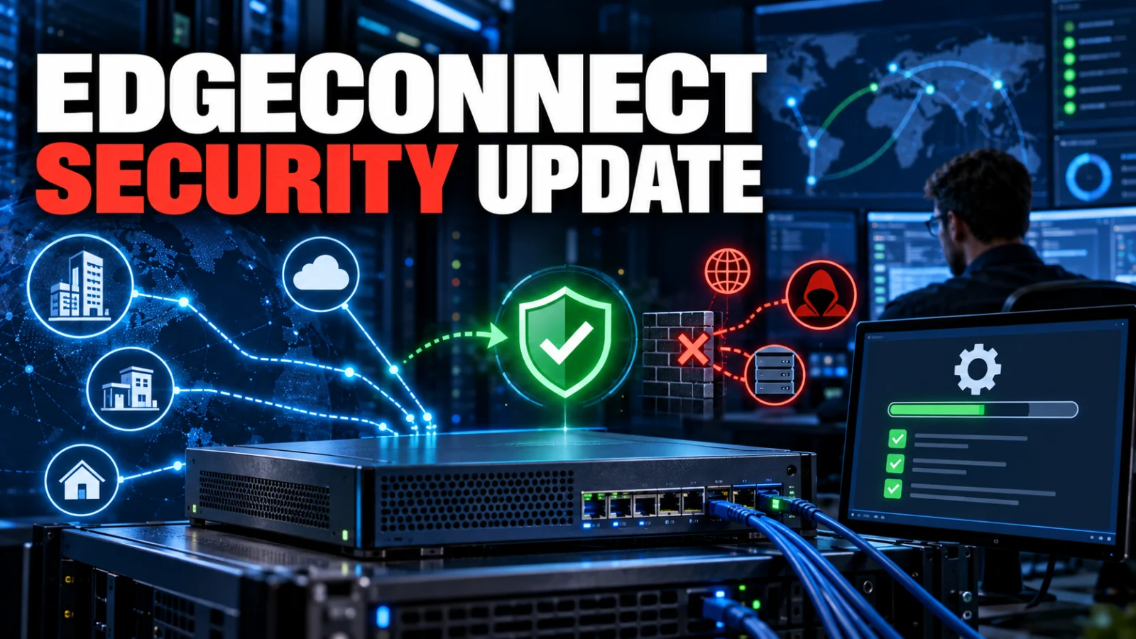 Enterprise SD-WAN appliance and patching illustration for HPE EdgeConnect SD-WAN vulnerabilities