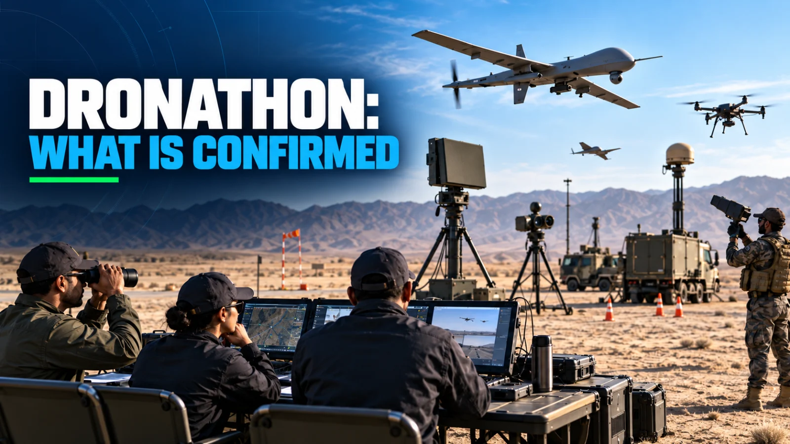 Editorial defence image showing live drone and counter-drone demonstrations at a desert range
