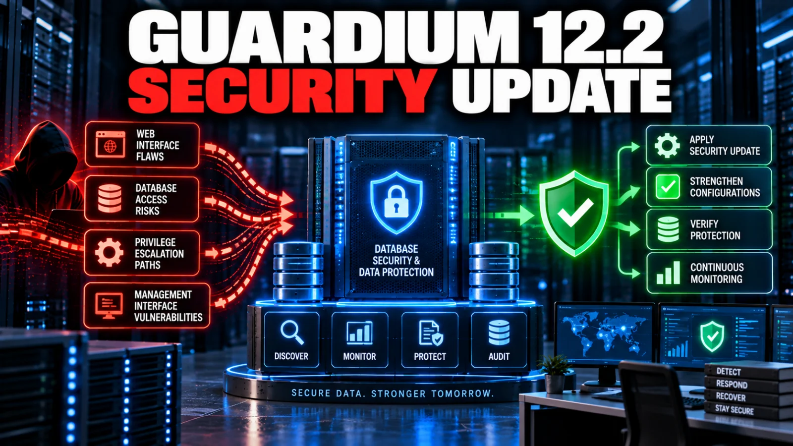 Editorial cybersecurity illustration of enterprise data protection, critical vulnerabilities and patch remediation