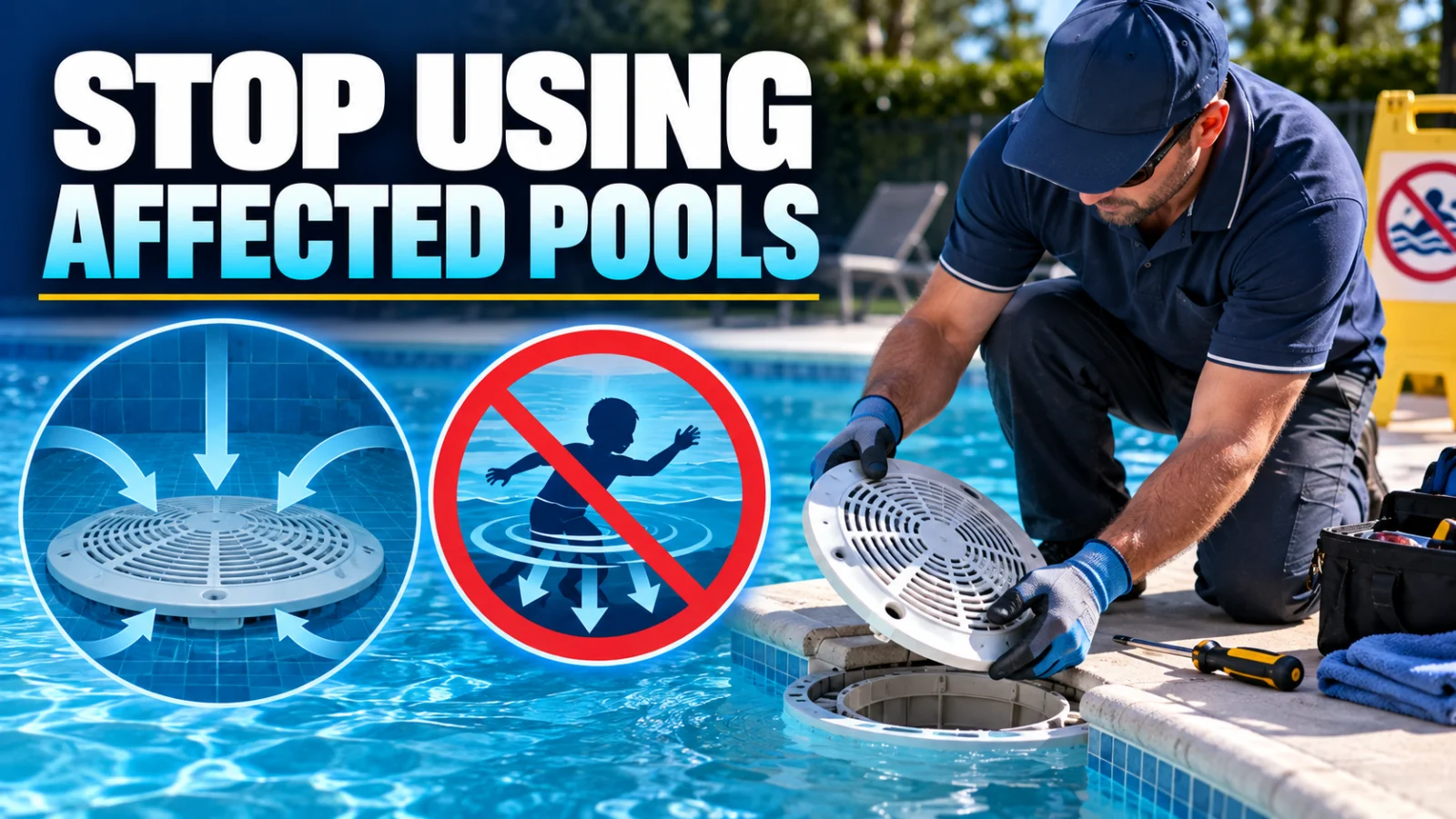 Pool technician removing a generic swim-jet drain cover after an entrapment safety warning
