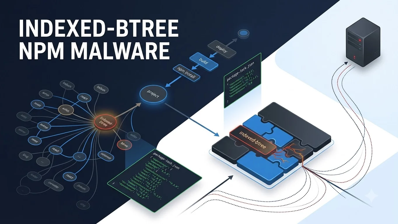 Cybersecurity illustration showing malicious npm dependency code activating at application runtime