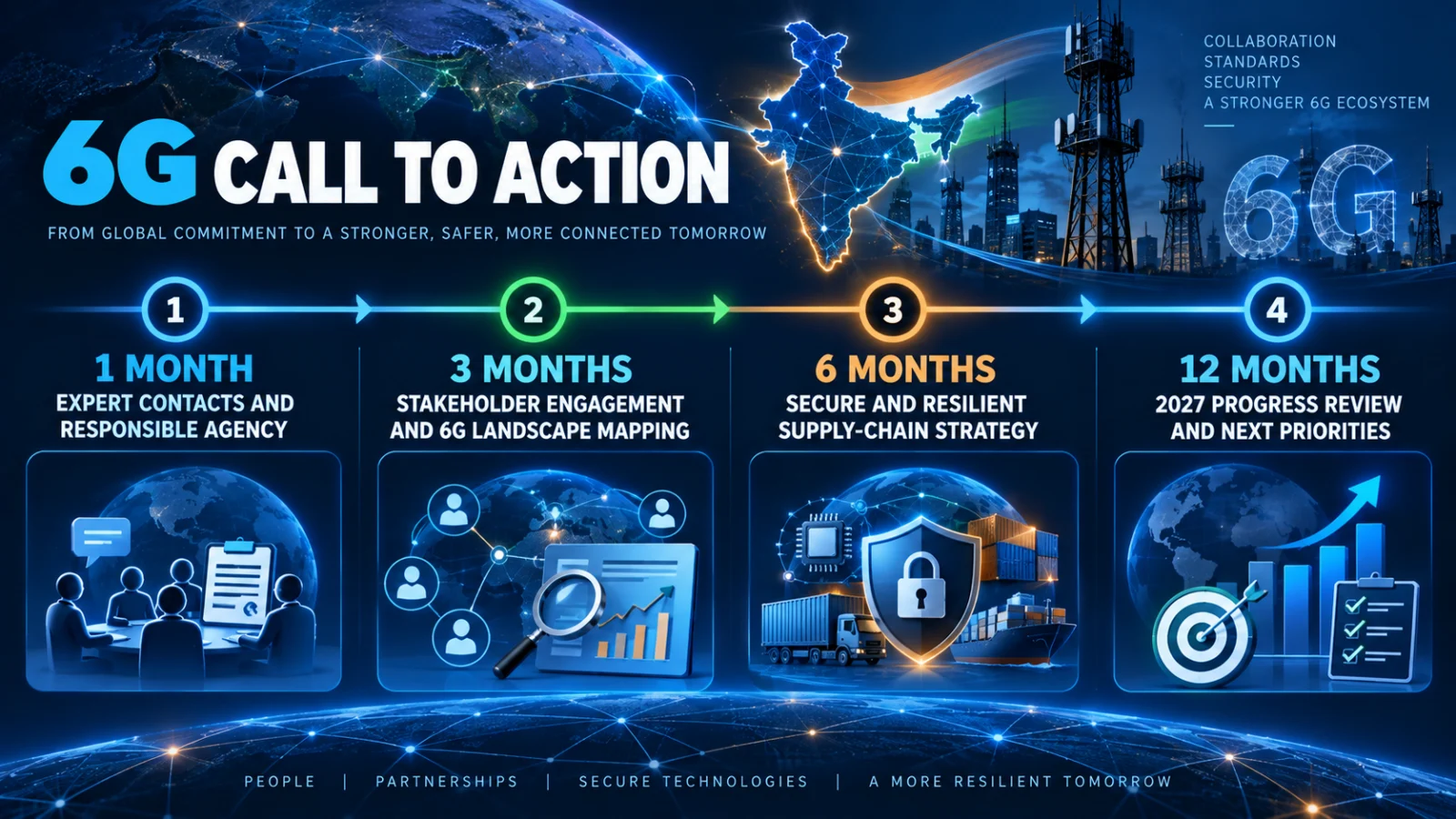Timeline of one-, three-, six- and twelve-month milestones in the 6G Call to Action