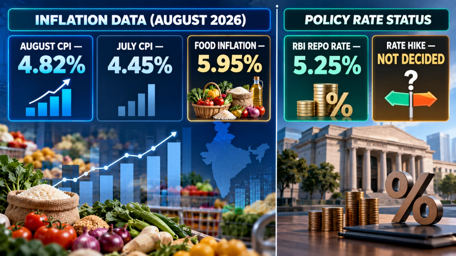 Infographic comparing August and July CPI inflation, food inflation and current RBI repo-rate status