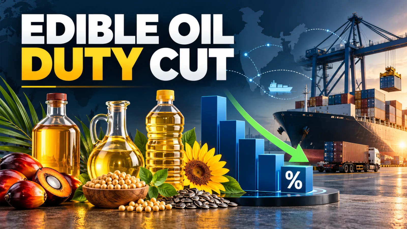 Palm, soybean and sunflower oils beside an import customs-duty reduction graphic