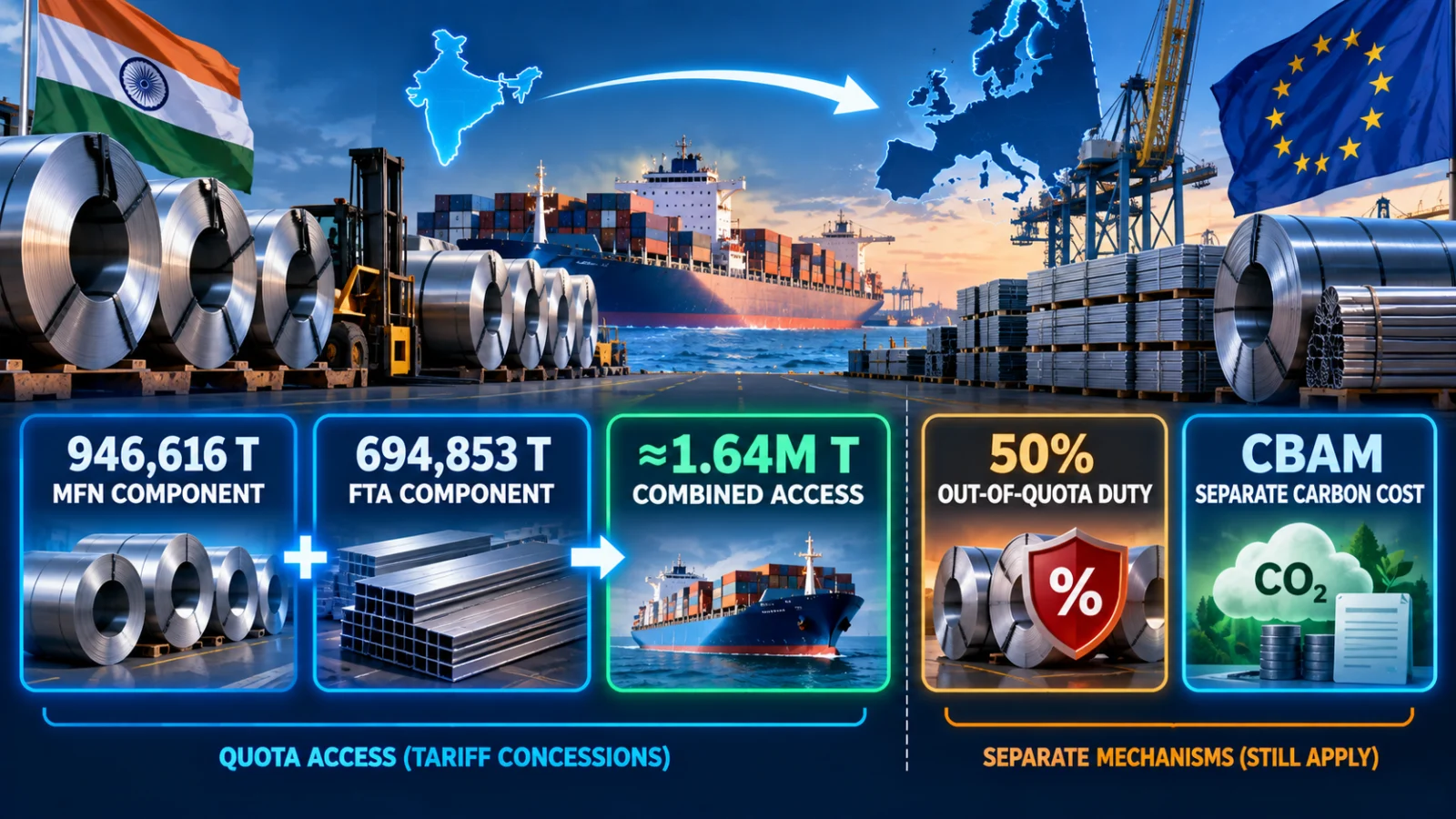 Infographic separating India's EU steel quota components, out-of-quota duty and CBAM