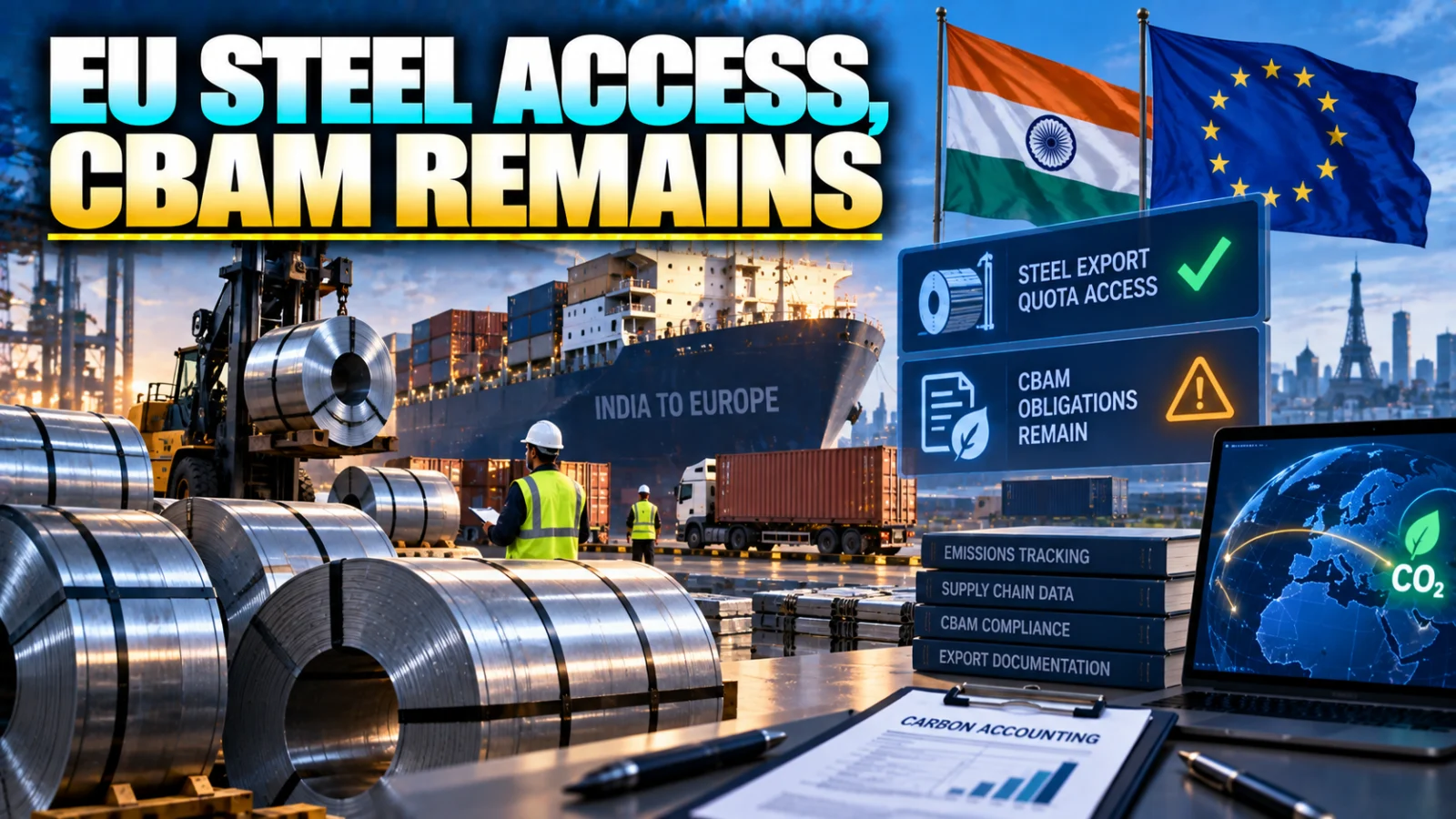 Editorial illustration of Indian steel exports entering the European market while carbon costs remain