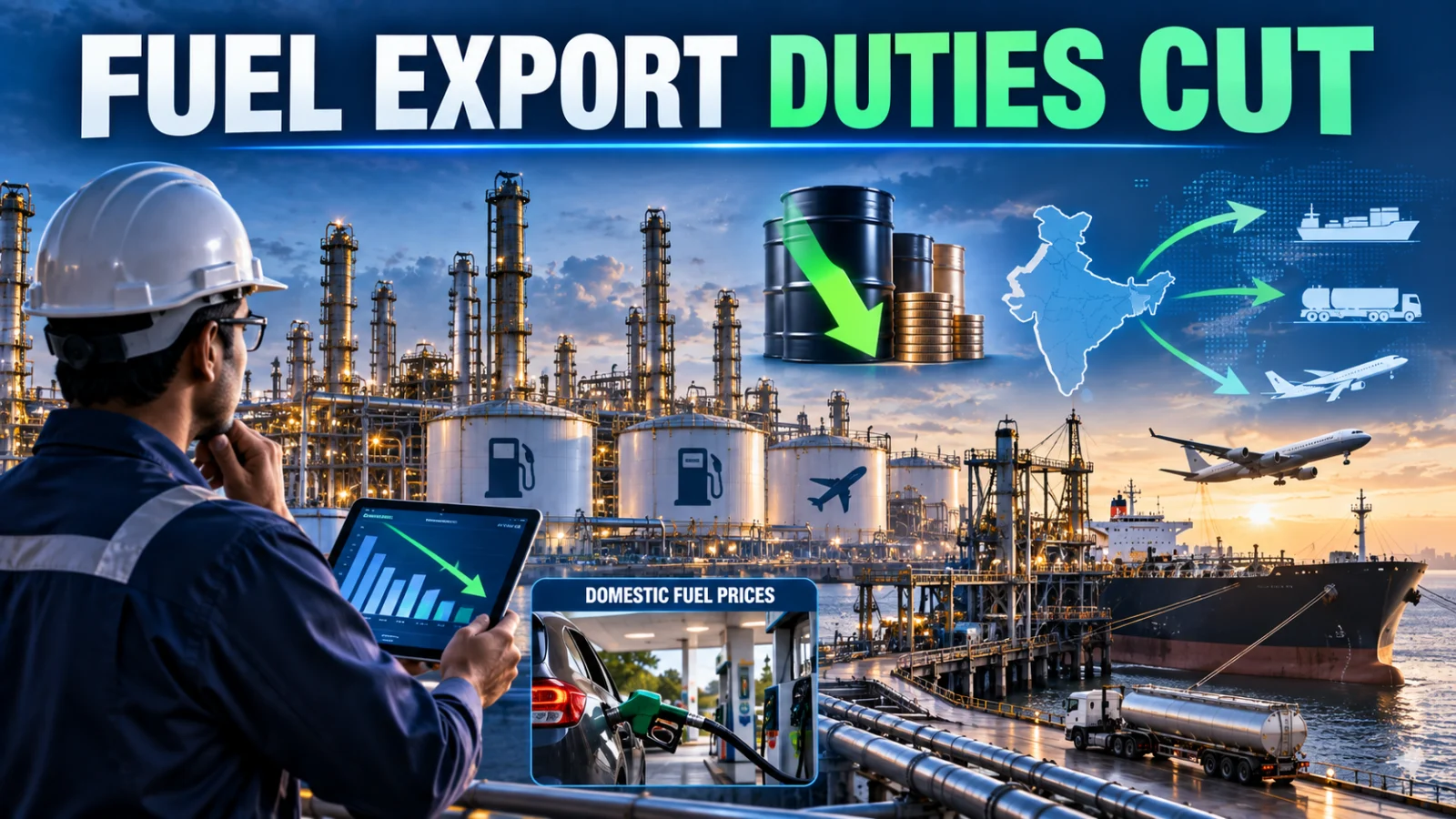 Indian refinery and fuel-export terminal illustrating lower reported September 16 petrol, diesel and ATF export levies