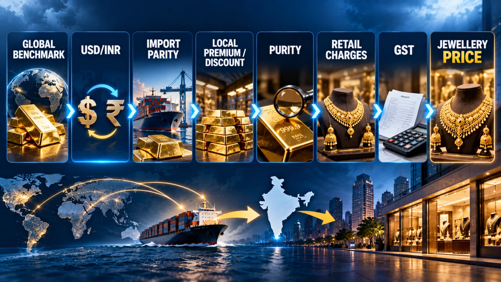 Infographic showing the stages from global gold benchmark to the final Indian jewellery price