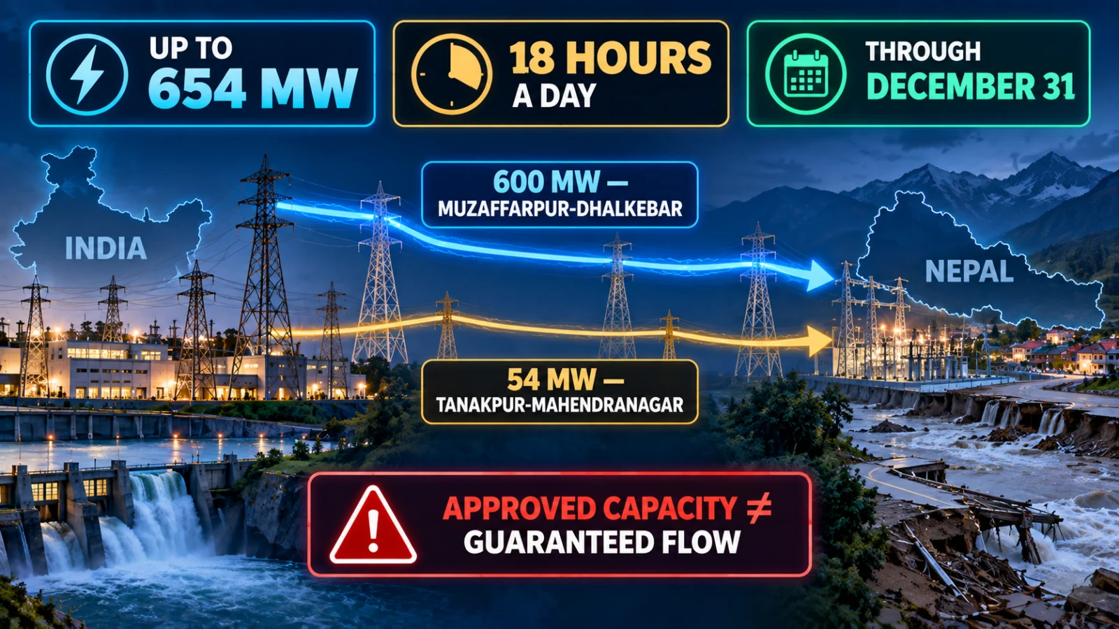 Infographic explaining India's approved Nepal power import ceiling, daily window and cross-border transmission routes