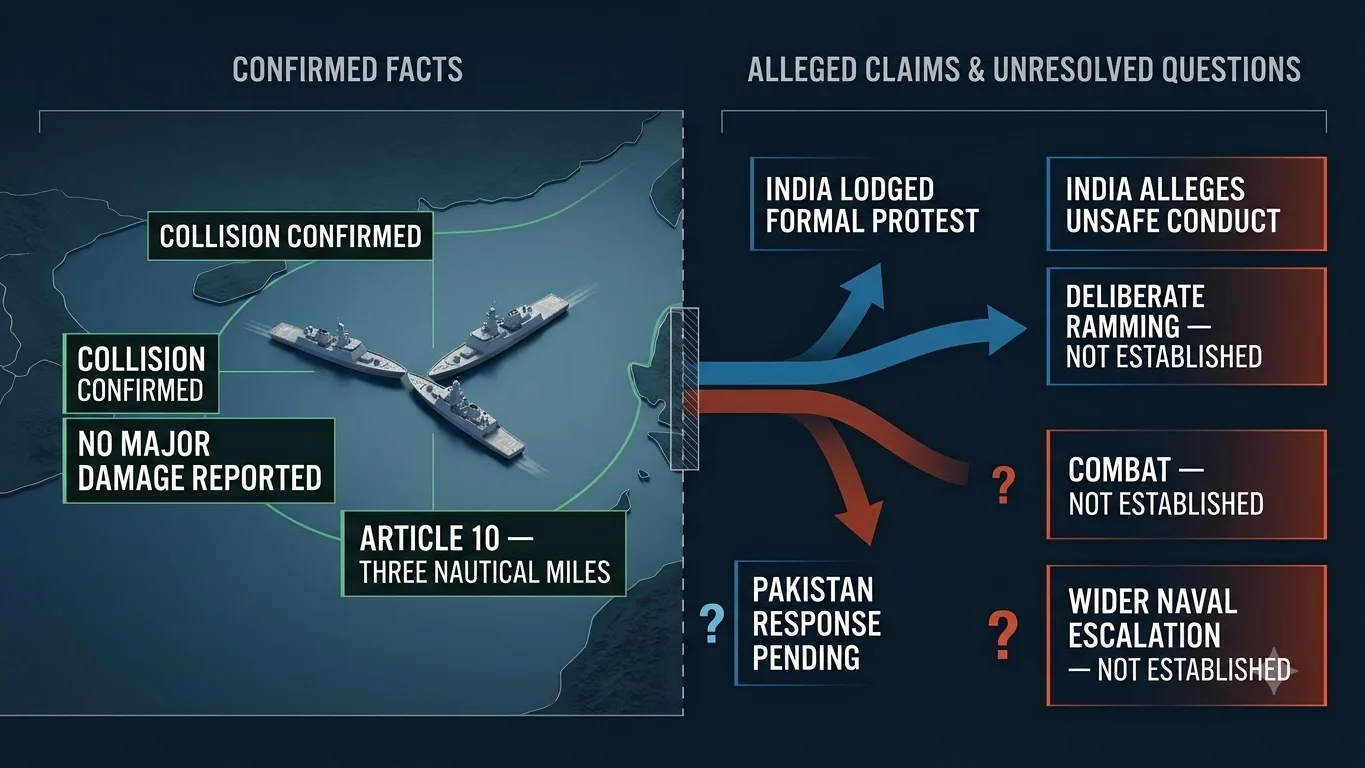 Infographic separating confirmed facts from unresolved claims in the India-Pakistan naval collision