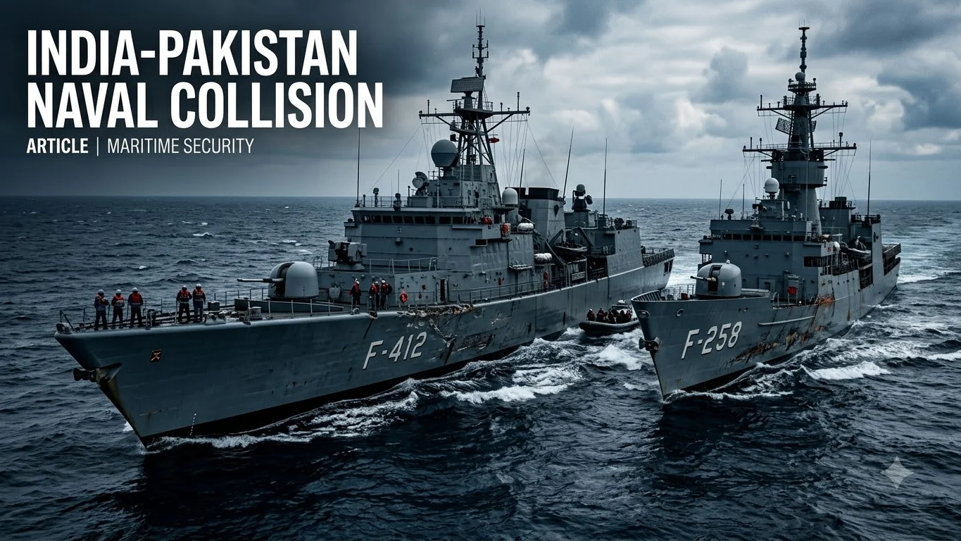 Editorial illustration of two generic naval vessels after a collision in international waters