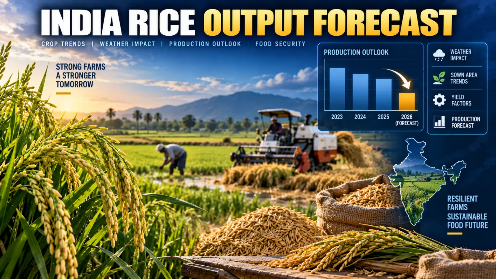 Indian rice fields and harvested paddy representing a weaker 2026 production forecast