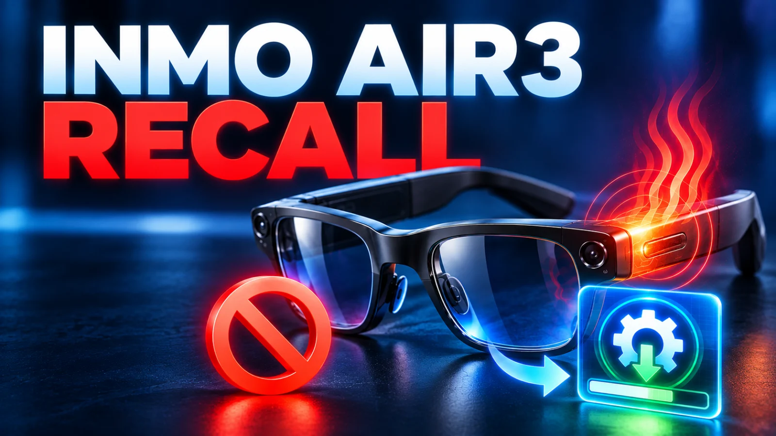 Smart glasses shown with left-temple heat risk and software repair imagery