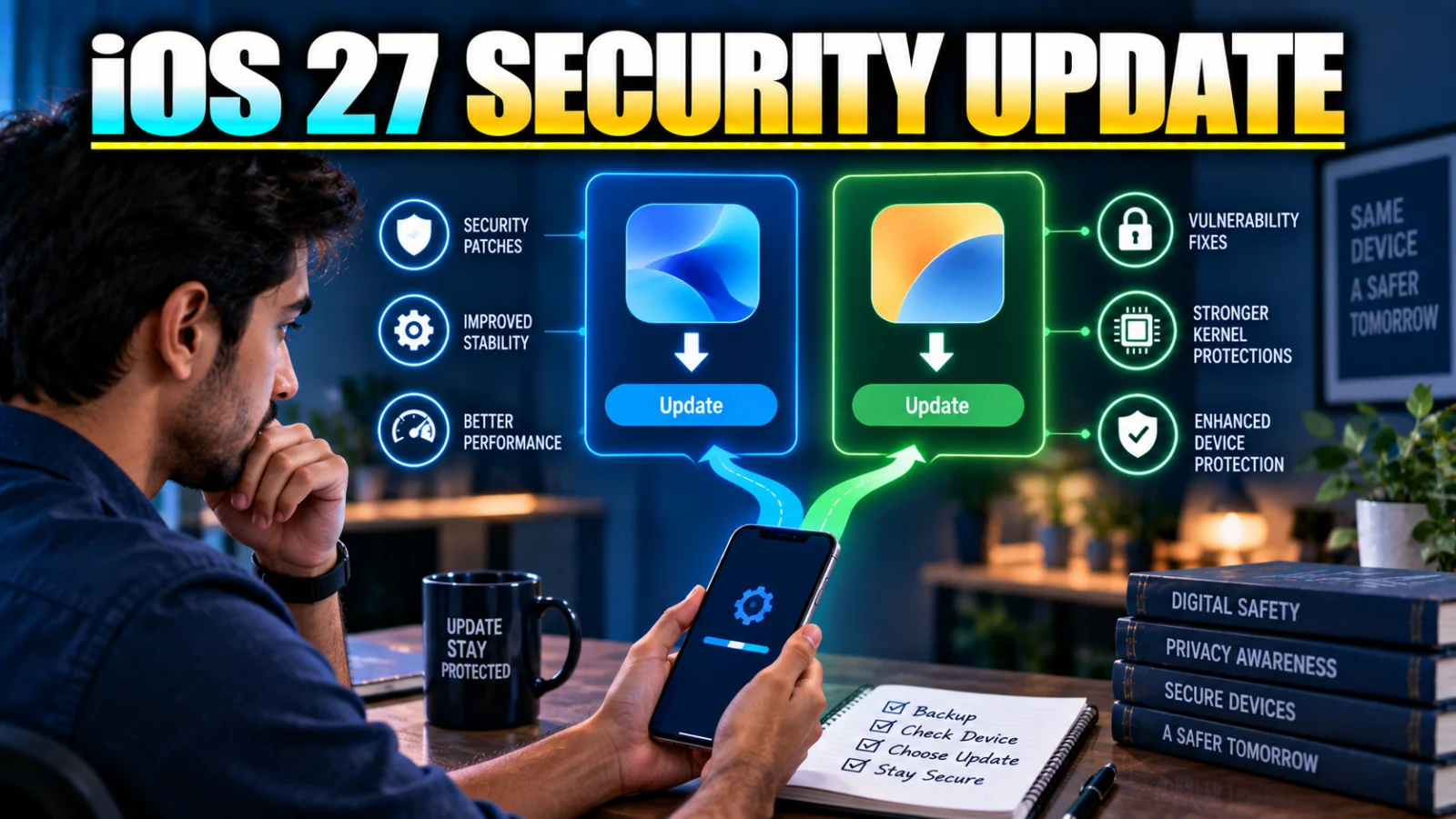 iPhone user choosing between current Apple security update paths for iOS 27 and iOS 26.7