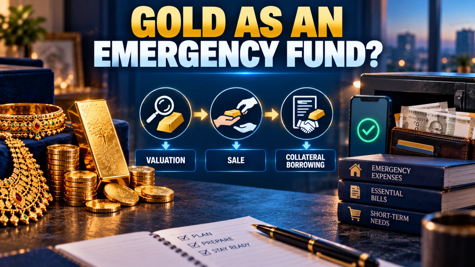 Physical gold beside an emergency cash reserve, showing the difference between owning a liquid asset and having ready money