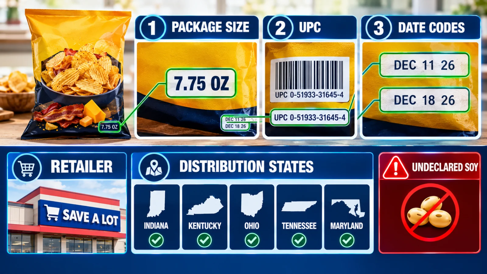 Infographic showing the recalled J. HIGGS chip size, UPC, date codes and distribution states