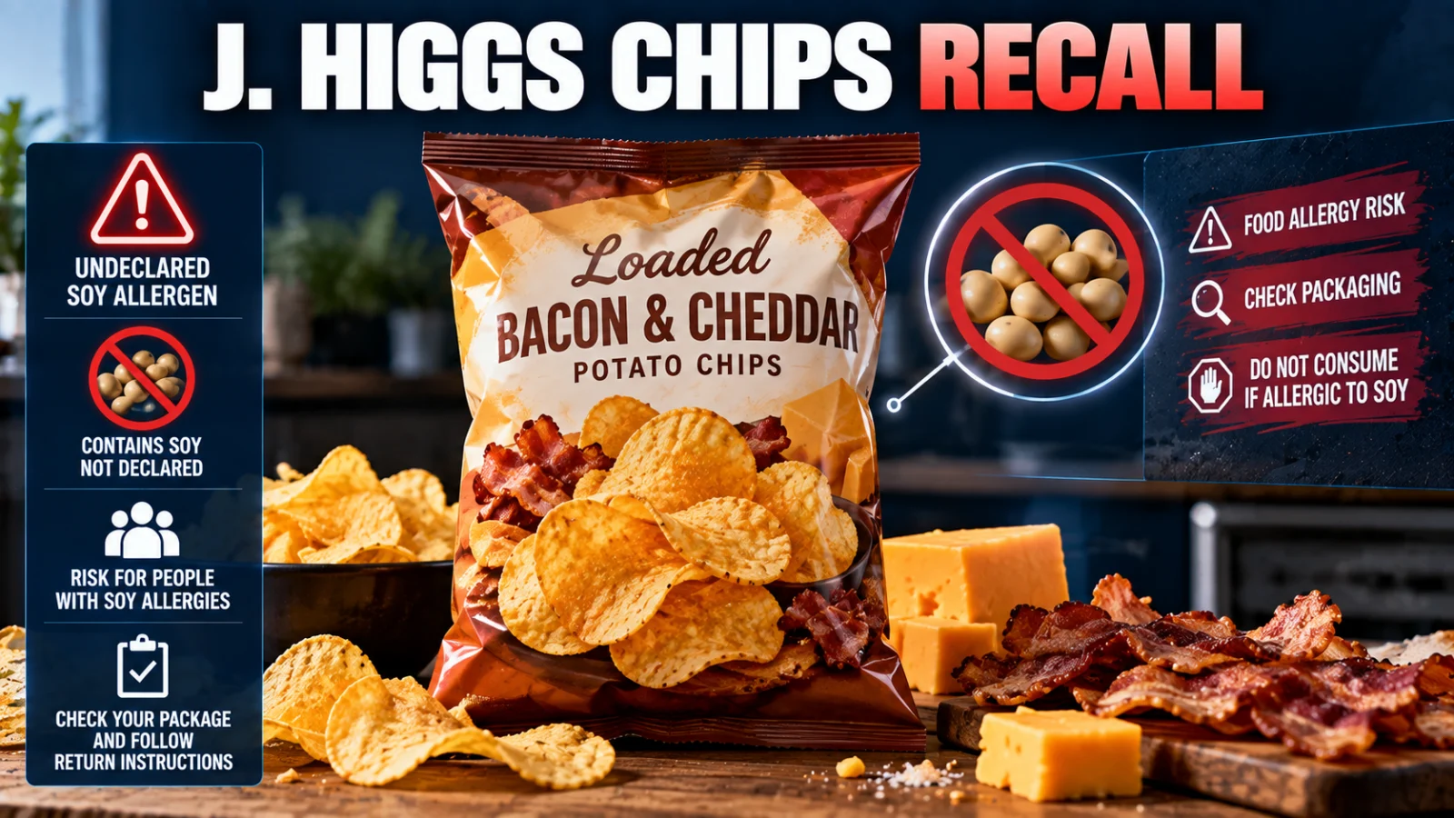 Editorial food recall illustration with a generic bacon and cheddar chip bag and allergen warning