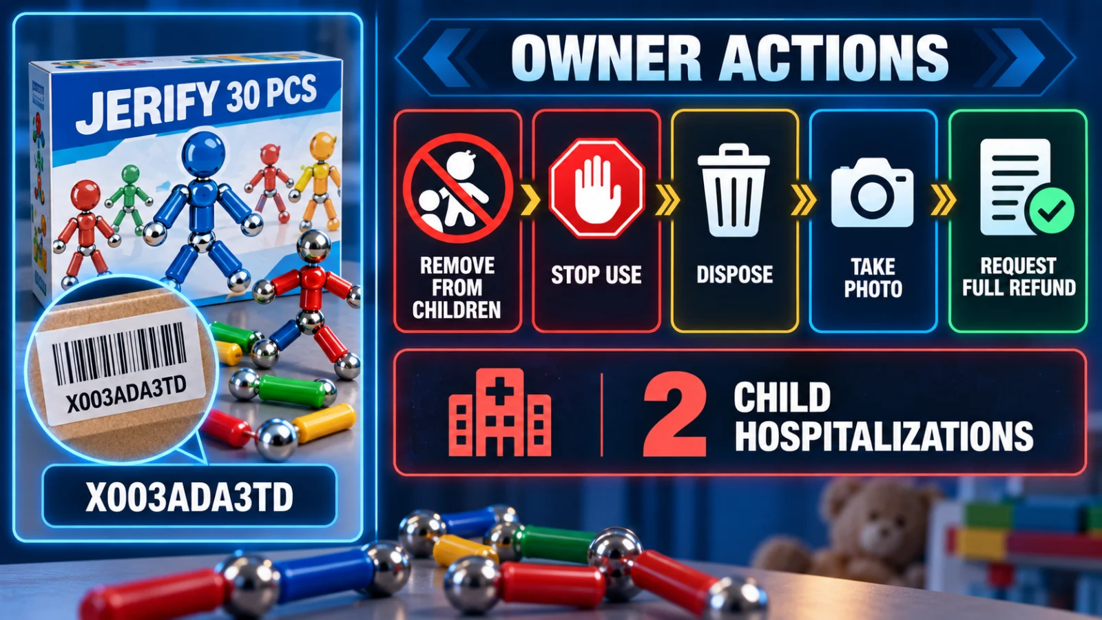 Infographic showing how to identify a recalled Jerify magnetic toy set and complete the disposal and refund process
