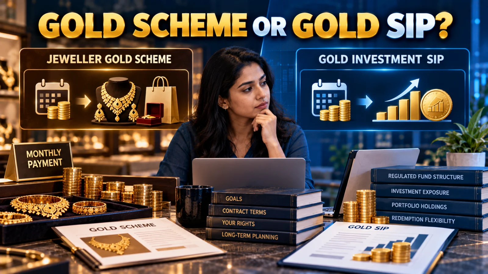 Indian jewellery buyer comparing a monthly jeweller savings plan with a regulated gold investment SIP