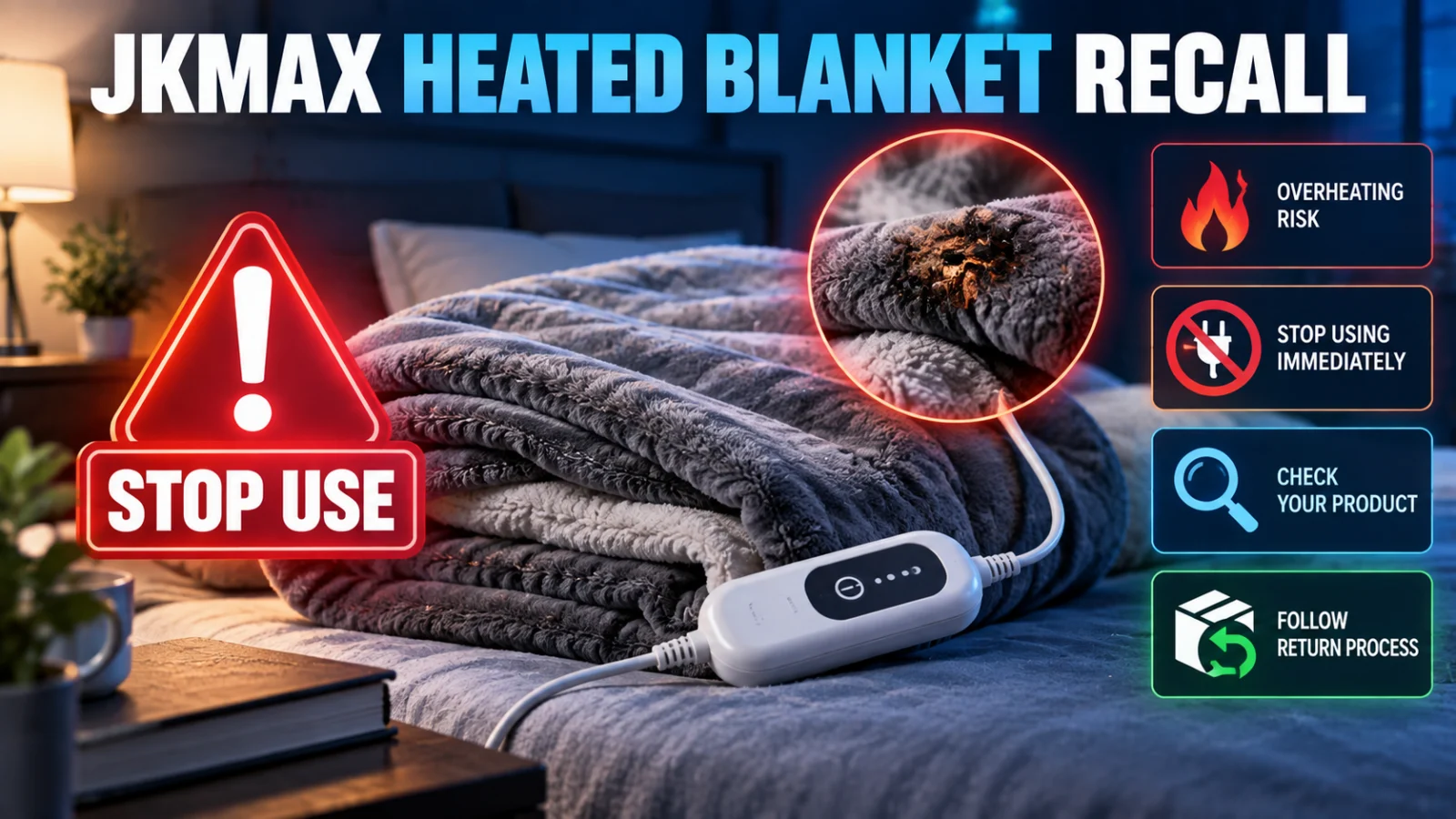 Heated blanket and remote shown with overheating hazard cues for the JKMAX recall