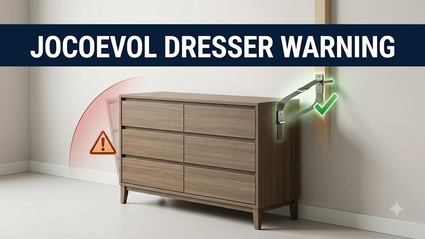 Editorial six-drawer dresser safety illustration showing wall anchoring after the Jocoevol CPSC warning