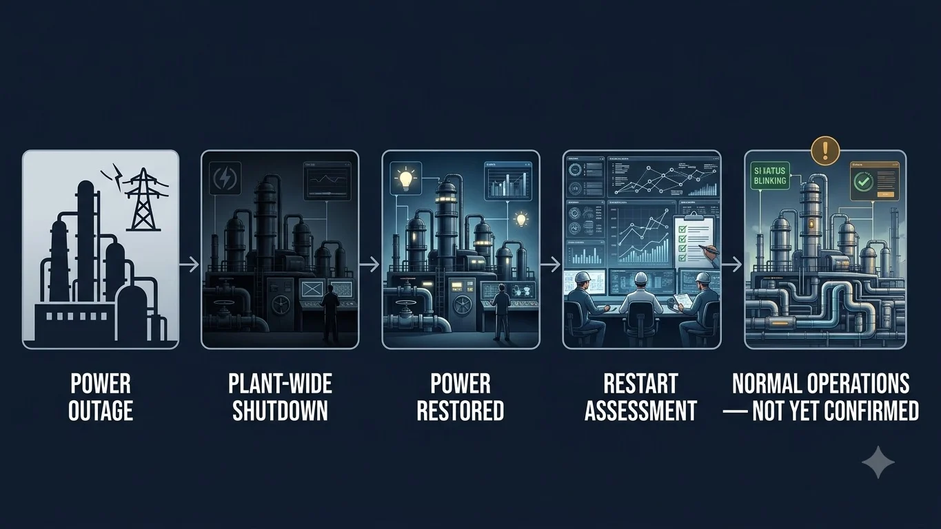Infographic showing the Joliet refinery status sequence from power outage to shutdown, power restoration and restart assessment