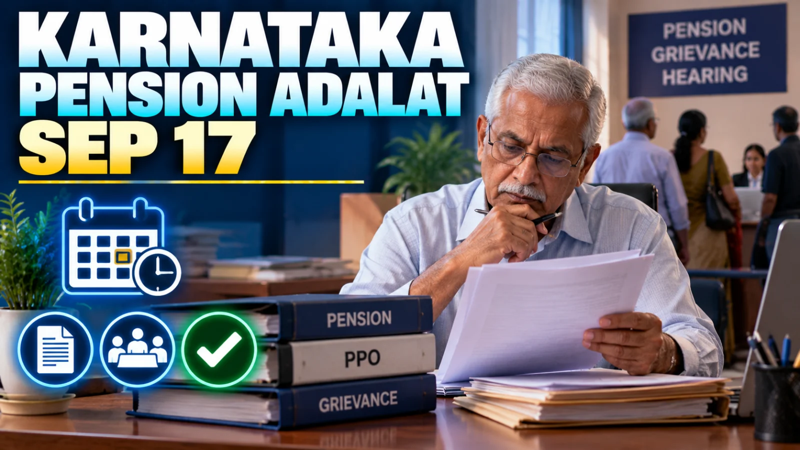 Indian pensioner checking pension grievance documents for the Karnataka Pension Adalat