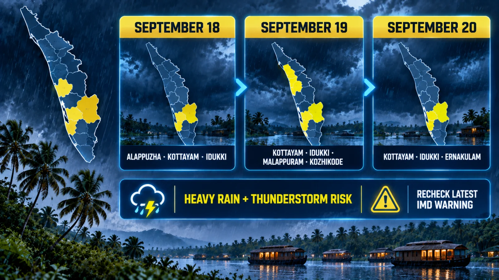 Kerala yellow-alert timeline for September 18 to 20 showing changing district warnings