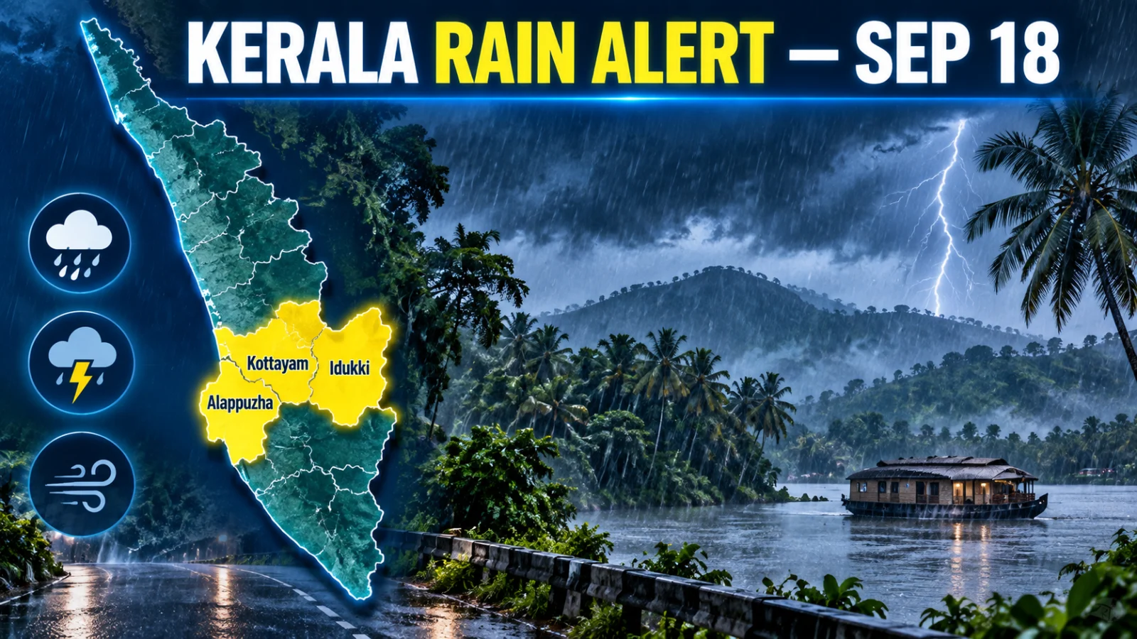 Kerala rain alert illustration for Alappuzha, Kottayam and Idukki on September 18, 2026