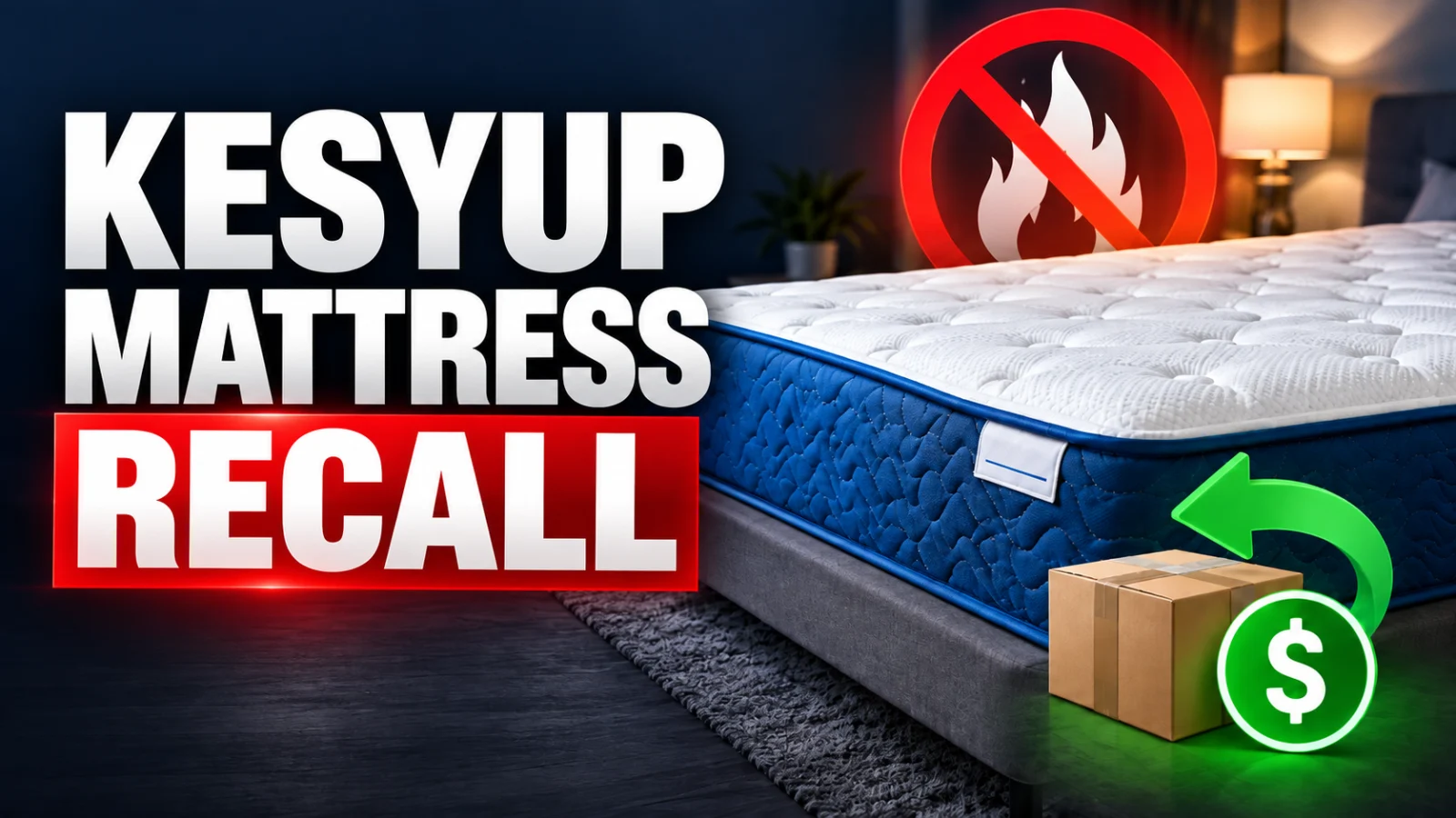 Editorial illustration of a recalled 12-inch mattress with a side label, fire-safety cue and refund concept