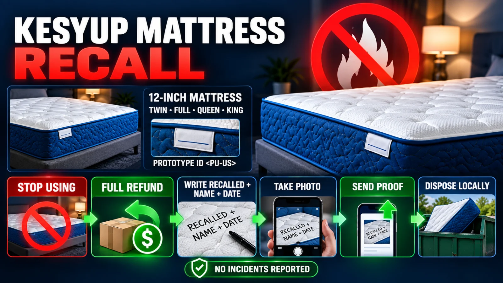 Infographic showing how to identify a recalled Kesyup mattress and complete the refund process
